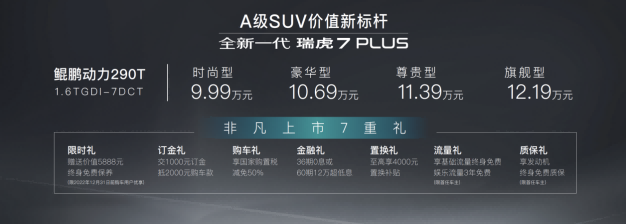 全新一代瑞虎7 PLUS上市 售价9.99-12.19万